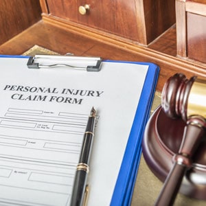 Personal injury claim form on clipboard with pen and gavel on a desk